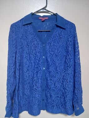 Jessica London Blue Lace Button-Front Top Size 14 A-19